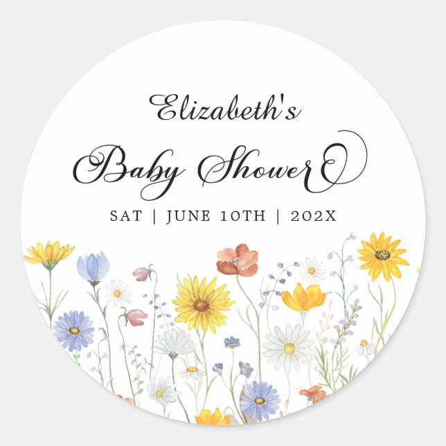 Pegatina Redonda Baby Shower Wildflowers (Anverso)