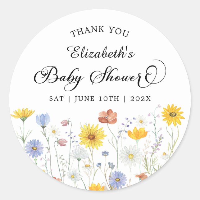 Pegatina Redonda Baby Shower Wildflowers (Anverso)