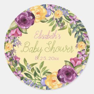Pegatina Redonda Baby Shower Wreath Floral de color de agua