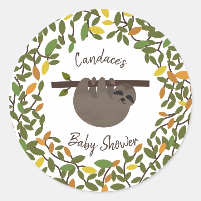 Pegatina Redonda Baby Sloth Autumn Greenery Baby Shower (Anverso)