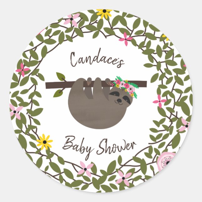 Pegatina Redonda Baby Sloth Green Floral Baby Shower (Anverso)