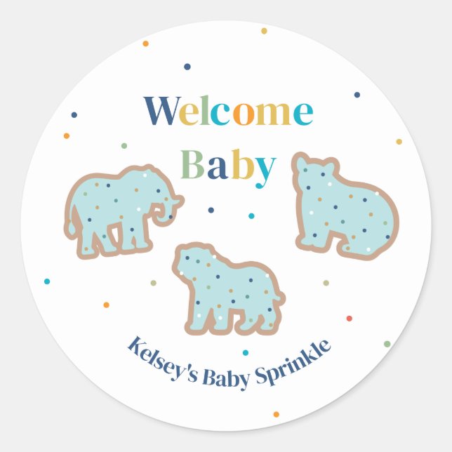 Pegatina Redonda Baby Sprinkle Animal Cookies Boy Baby Shower (Anverso)