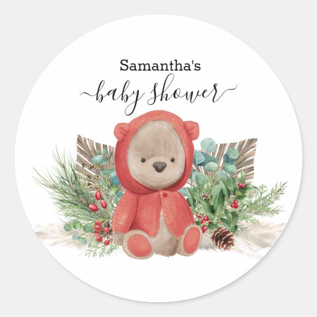 Pegatina Redonda Baby Teddy Bear Navidades Boho Bouquet (Anverso)