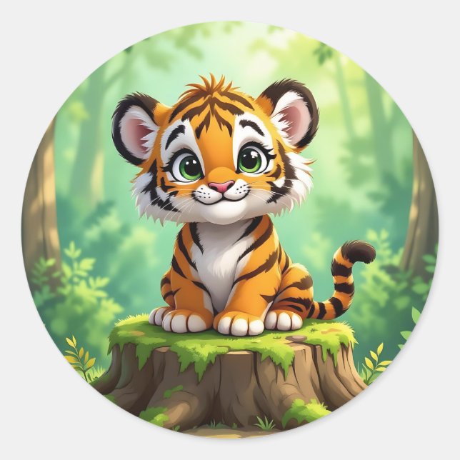 Pegatina Redonda Baby Tiger | Cute Cartoon Kid's Nursery Art (Anverso)