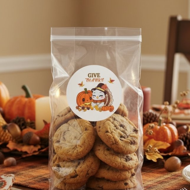 Pegatina Redonda Baby Turkey And Pumpkin Celebrating Thanksgiving  (Subido por el creador)