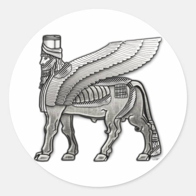 Pegatina Redonda Babylonian Winged Bull Lamassu (Anverso)