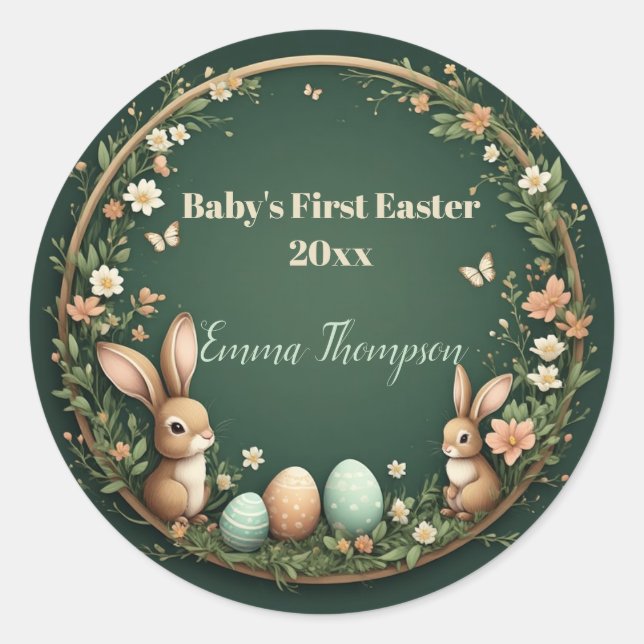 Pegatina Redonda Baby's First Easter Spring Wreath Woodland Animals (Anverso)