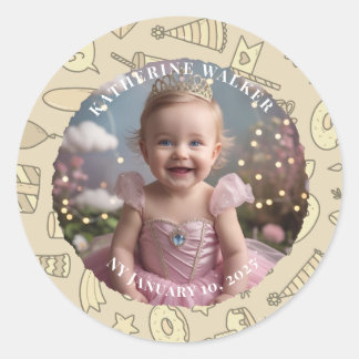 Pegatina Redonda BABYSHOWER pastel beige bunny cute party photo