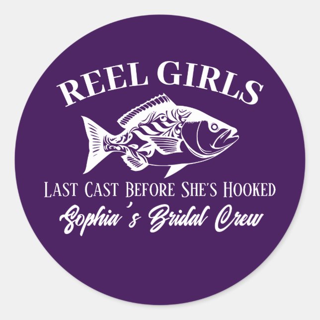 Pegatina Redonda Bachelorette Party Hawaii Fisherman Style Purple (Anverso)