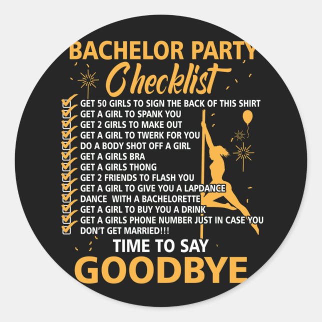 Pegatina Redonda Bachelors Party Checklist Stag Do Party (Anverso)