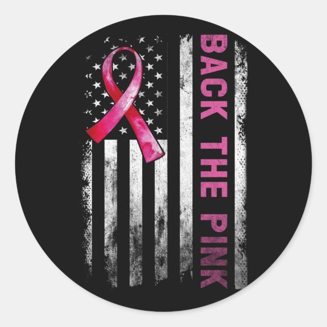 Pegatina Redonda Back The Pink Ribbon American Flag Breast Cancer (Anverso)