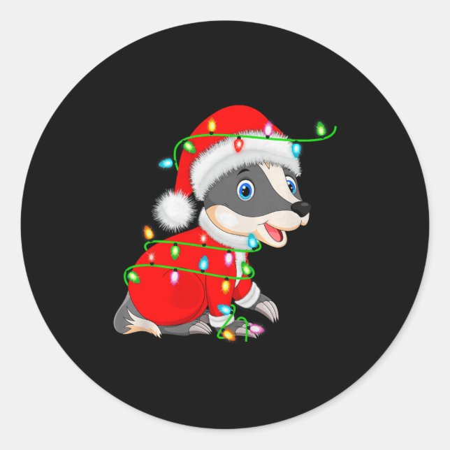 Pegatina Redonda Badger Christmas Lights Santa Costume Cute Animal  (Anverso)