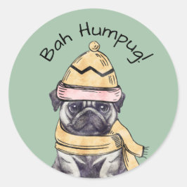 Pegatina Redonda Bah Humpug Lindo Pug Ilustrado Navidad Invierno 