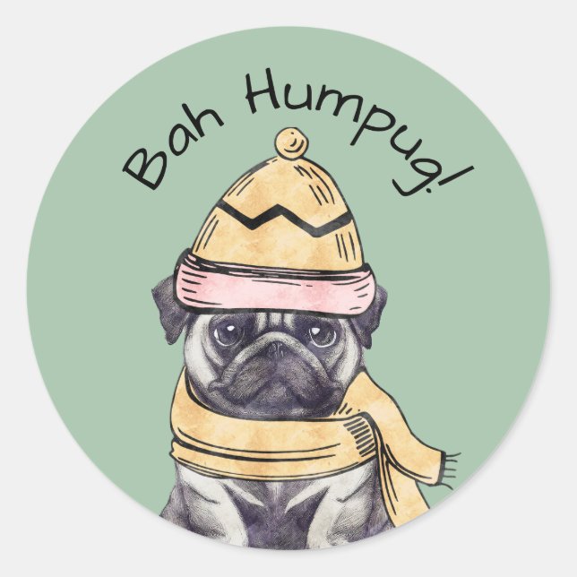 Pegatina Redonda Bah Humpug Lindo Pug Ilustrado Navidad Invierno  (Anverso)