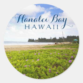 Pegatina Redonda Bahía de Hanalei, flores de playa de Kauai Hawaii