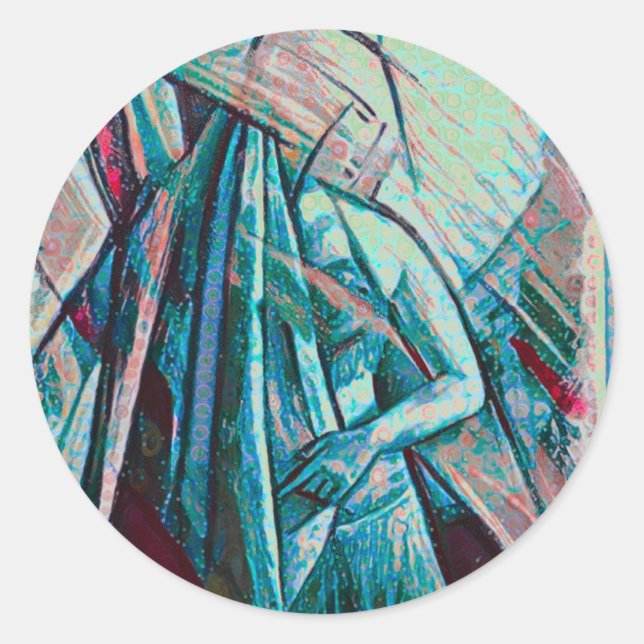 Pegatina Redonda Bailarina Belly de arte decenal cubista (Anverso)