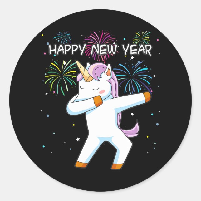 Pegatina Redonda Bailarina de Año Nuevo feliz de Unicornio (Anverso)