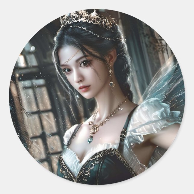 Pegatina Redonda Bailarina de ballet en tuTu verde y alas de hadas (Anverso)