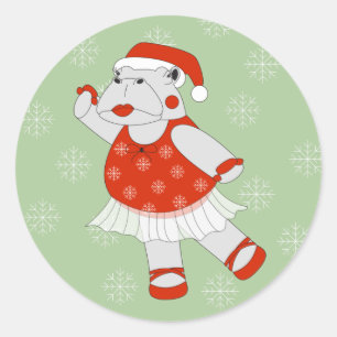Pegatina Redonda Bailarina Hipopótamo Navidad Copos de Nieve illusi