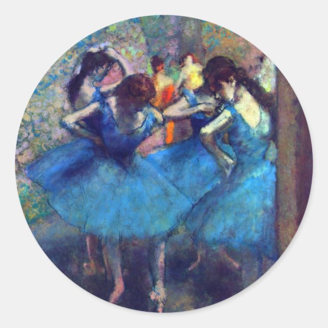 Pegatina Redonda Bailarinas en azul de Edgar Degas, arte de ballet  (Anverso)