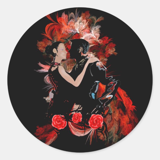 Pegatina Redonda Bailarines románticos del tango en fractal rojo (Anverso)