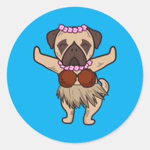 Pegatina Redonda Baile Hula Hawaiano Pug Cool Aloha Animal Divertid
