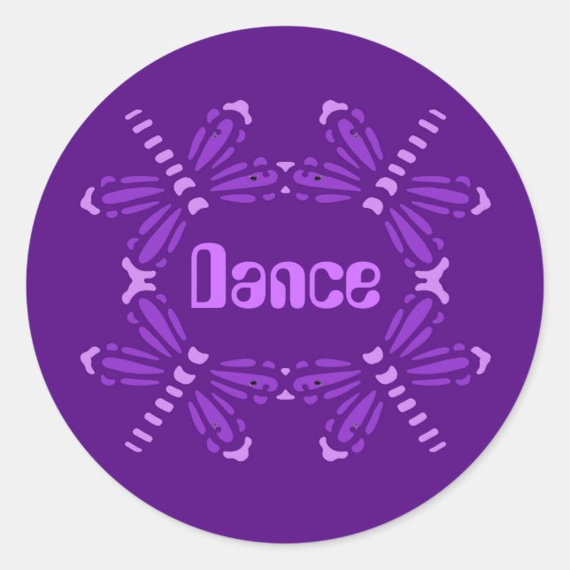 Pegatina Redonda Baile, libélulas en morado y rosa (Anverso)
