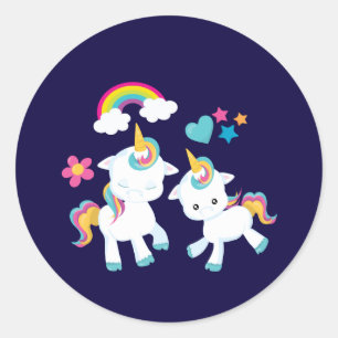 Pegatina Redonda Baile lindo Unicornio arcoiris mágico y estrellas