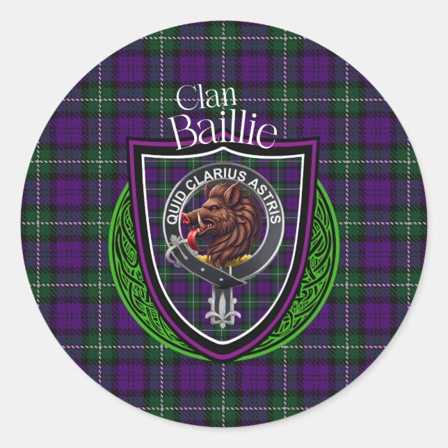 Pegatina Redonda Baillie Scottish Clan Tartan & Escudo (Anverso)