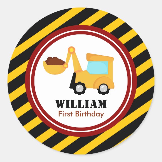 Pegatina Redonda BAJO CONSTRUCCIÓN Cumpleaños Baby Shower (Anverso)