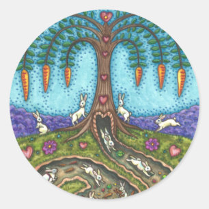 PEGATINA REDONDA BAJO EL AGUJERO DEL RABBIT, CARROT WILLOW TREE FOL