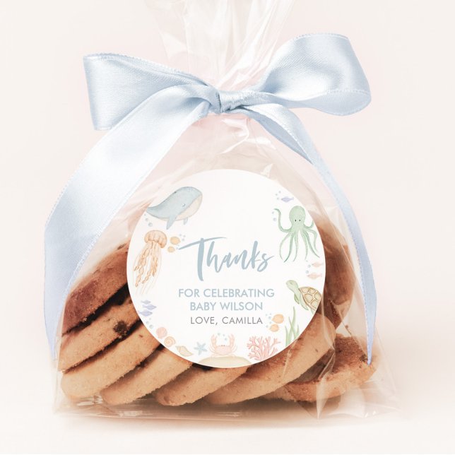 Pegatina Redonda Bajo El Mar, Baby Shower Gracias (Under The Sea Baby Shower Favor Stickers)