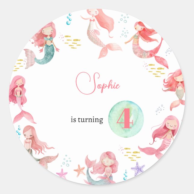 Pegatina Redonda Bajo el mar cumpleaños de las Sirenas (Anverso)
