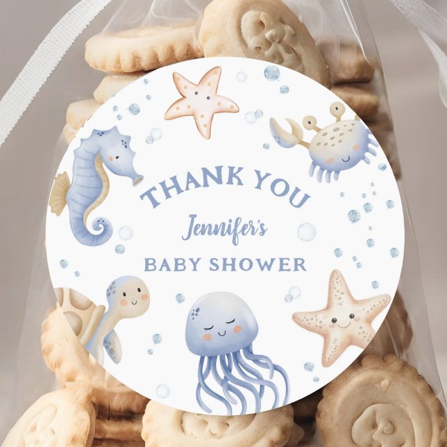 Pegatina Redonda ¡Bajo El Mar! Cute Blue Boy Baby Shower (Subido por el creador)