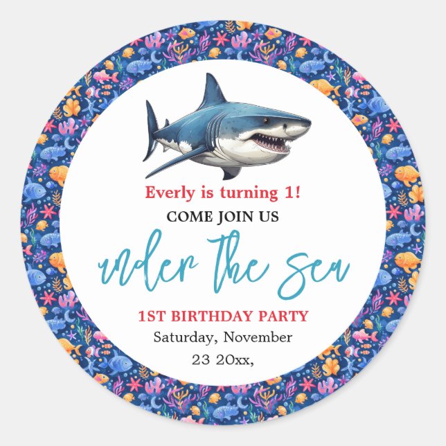 Pegatina Redonda Bajo el mar Fiesta de primer cumpleaños (Anverso)