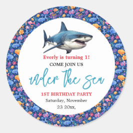 Pegatina Redonda Bajo el mar Fiesta de primer cumpleaños