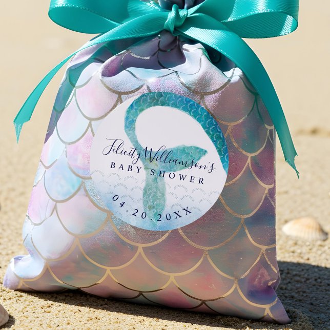 Pegatina Redonda Bajo el mar Océano acuático Baby Shower Sirenita (Under The Sea Ocean Watercolor Mermaid Baby Shower Classic Round Sticker)