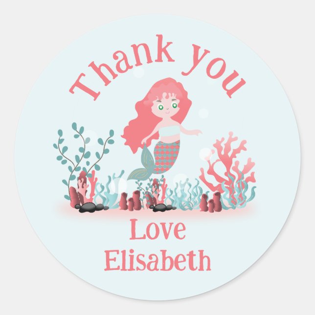 Pegatina Redonda Bajo el mar Princesa Sirena Cumpleaños (Anverso)