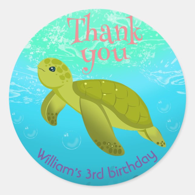 Pegatina Redonda Bajo El Mar Tortuga Con Burbujas Fiesta De Cumplea (Anverso)