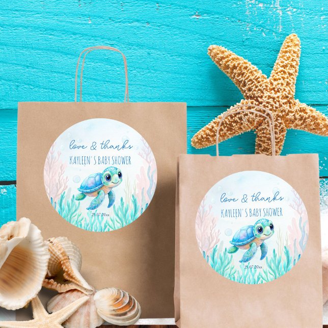 Pegatina Redonda Bajo el mar una bella tortuga azul acuático (Under the sea cute sea turtle aqua blue baby shower thank you favor sticker template)