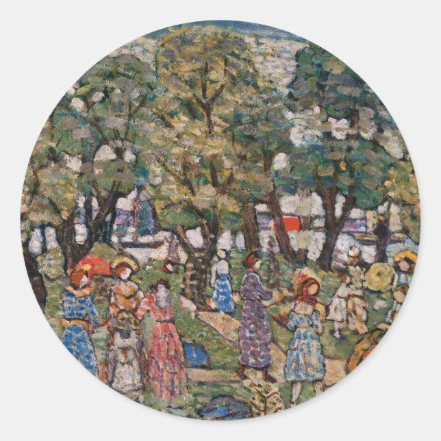 Pegatina Redonda Bajo los árboles de Maurice Prendergast, Bella Art (Anverso)
