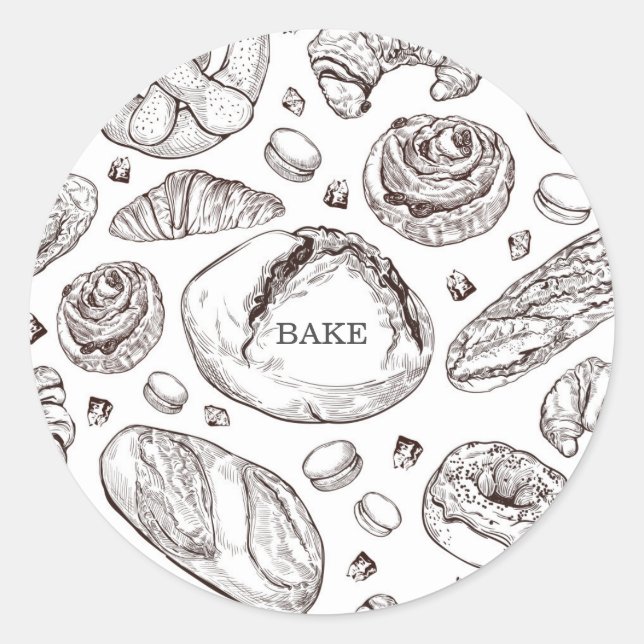 Pegatina Redonda Bake Hand Drawn Pastries Food Label (Anverso)