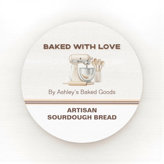 Pegatina Redonda Baked With Love Artisan Bread Bakery Sticker (Personalized bakery label for sourdough and homemade baked goods)