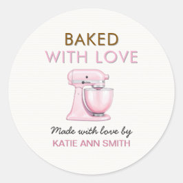 Pegatina Redonda Baked with Love Stickers Labels with Pink Mixer