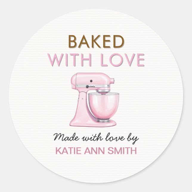 Pegatina Redonda Baked with Love Stickers Labels with Pink Mixer (Anverso)