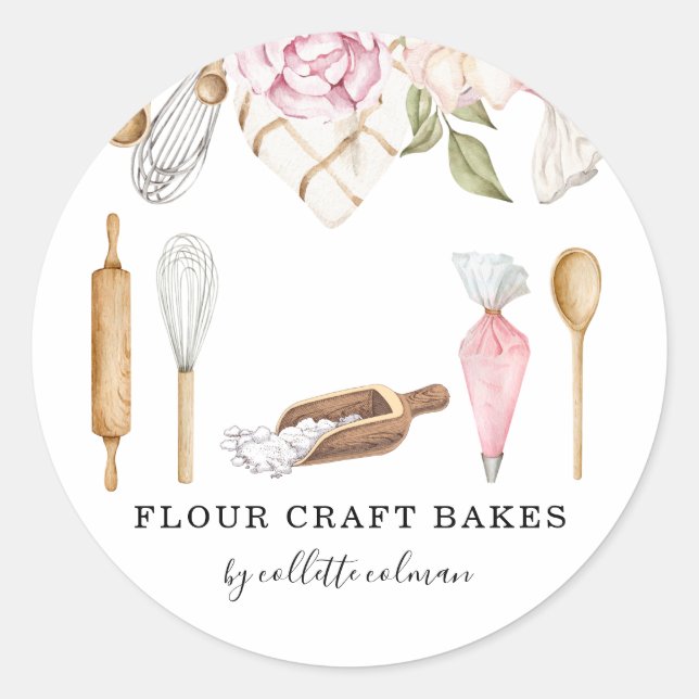 Pegatina Redonda Baker Pastry Watercolor Floral Tools (Anverso)