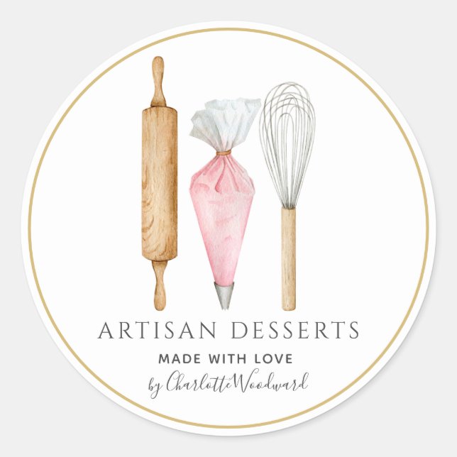 Pegatina Redonda Bakery Pastry Chef Baking Utensils Product Label (Anverso)
