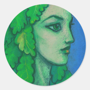 Pegatina Redonda Balanis, dryad, hojas verdes, diosa forestal, arte