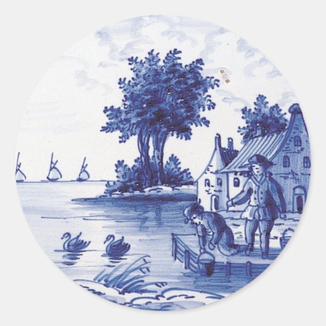 Pegatina Redonda Baldosa azul tradicional de Holanda (Anverso)