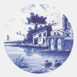 Pegatina Redonda Baldosa azul tradicional de Holanda